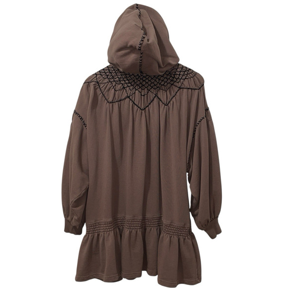 Free People Marty Smocked Sweatshirt Hooded Tunic Mini Dress Brown Bear Size Sm - Picture 3 of 12